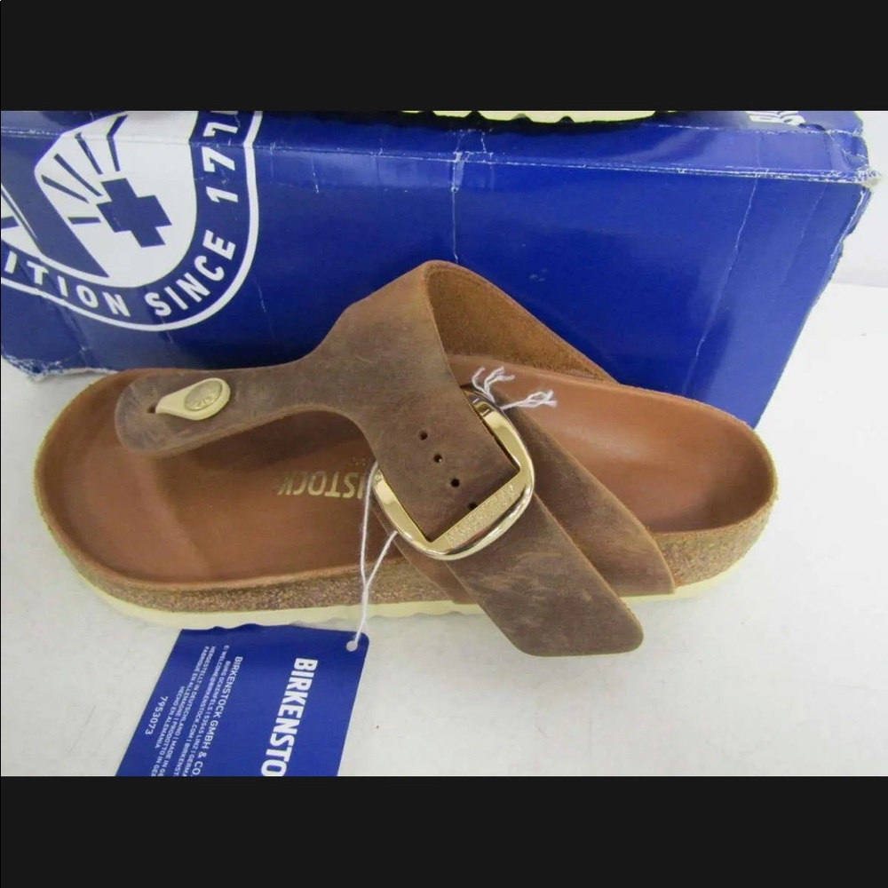 Birkenstock Women's 5/Men's 3 Gizeh Big Buckle Leather Thong Sandals Cognac - Picture 8 of 12